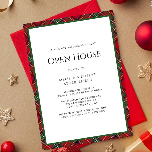 Rustic Play Open House Tartan jul Party Inbjudningar (Rustic Plaid Christmas Open House Invitation)