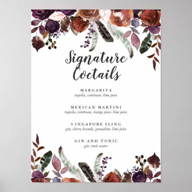 Rustic Plum | Bröllop Namnteckning Cocktail Menu Poster (Framsidan)