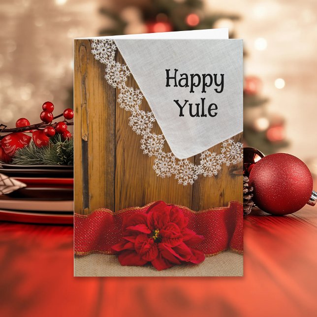 Rustic Poinsettia Flower och Red Ribbon Lycklig Yu Helgkort (Skapare uppladdad)