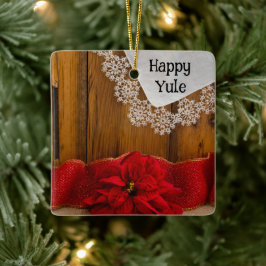Rustic Poinsettia Flower och Red Ribbon Lycklig Yu Julgransprydnad Keramik