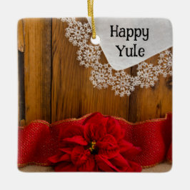 Rustic Poinsettia Flower och Red Ribbon Lycklig Yu Julgransprydnad Keramik