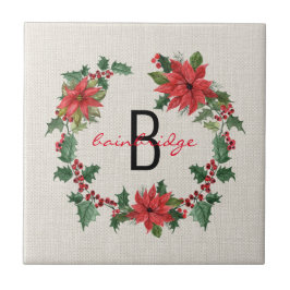 Rustic Poinsettia & Holly Wandeand Monogramme Kakelplatta