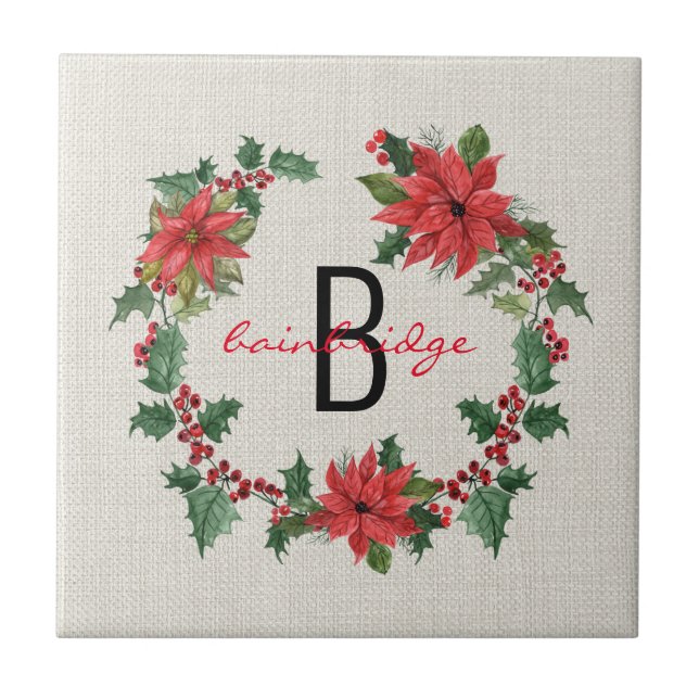 Rustic Poinsettia & Holly Wandeand Monogramme Kakelplatta (Framsidan)