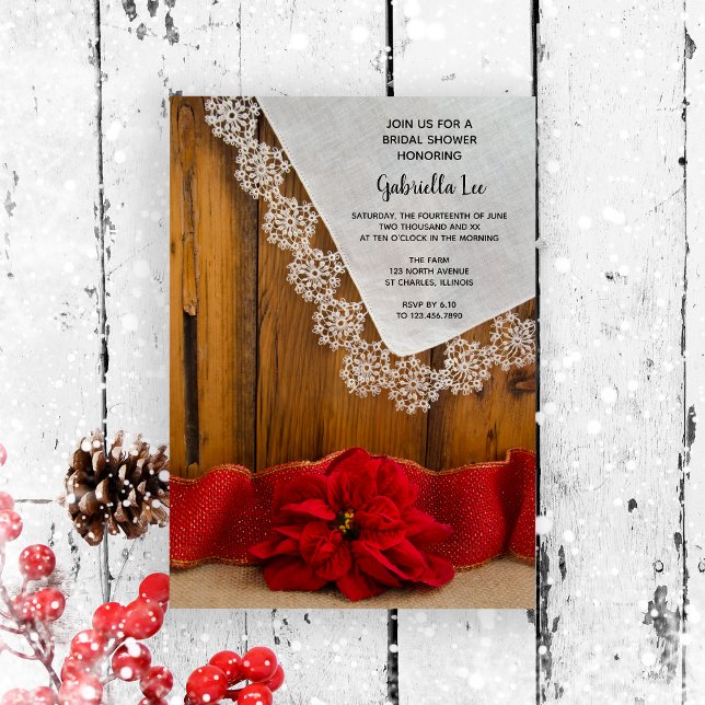 Rustic Poinsettia Land Winter Möhippa Inbjudningar (Set a warm festive tone for your bridal shower with this wintery rustic invitation.)