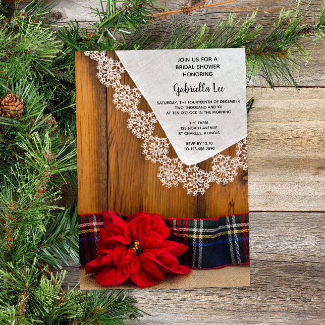 Rustic Poinsettia och Play Winter Möhippa Inbjudningar (Set a rustic wintery tone for your December barn party bridal shower with this charming invitation.)