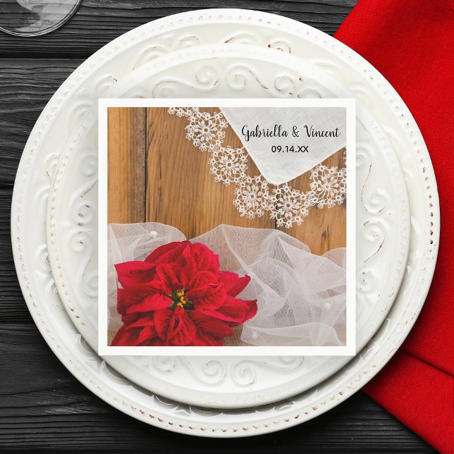 Rustic Poinsettia och Snöre Winter Barn Bröllop Pappersservett (Set a festive table with this rustic chic December wedding paper napkin.)