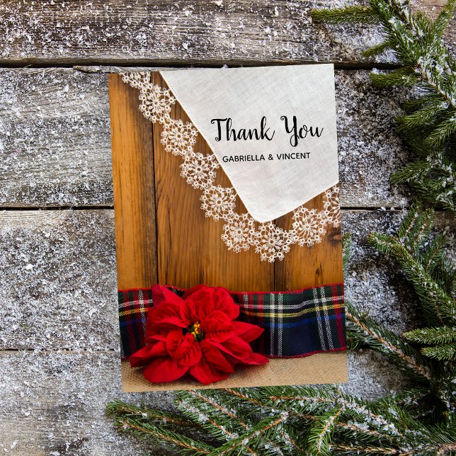 Rustic Poinsettia Play Winter Wedding Tack Kort (Show gratitude with this country Christmas thank you note card.)
