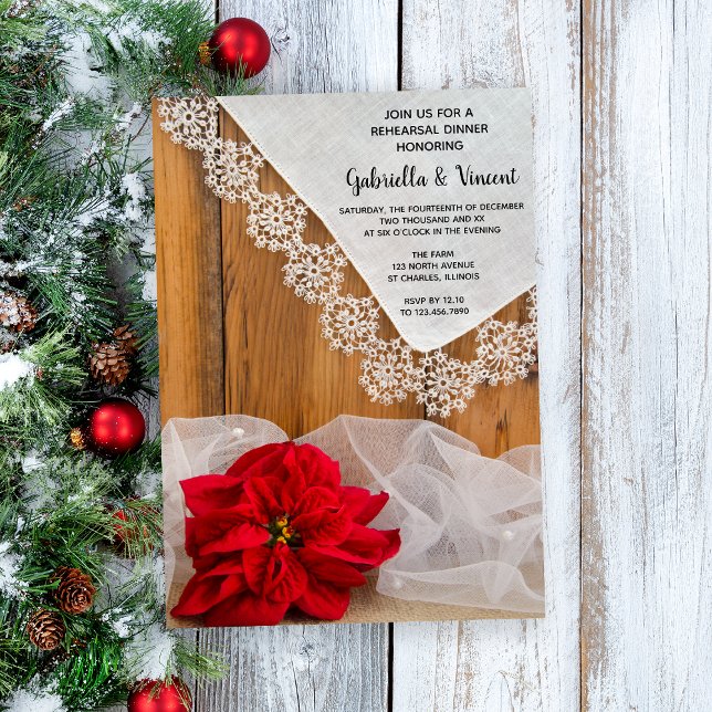 Rustic Poinsettia Snöre Winter Rehearsal Middag Inbjudningar (Set a wintery tone for your rustic December wedding rehearsal dinner with this charming invitation.)
