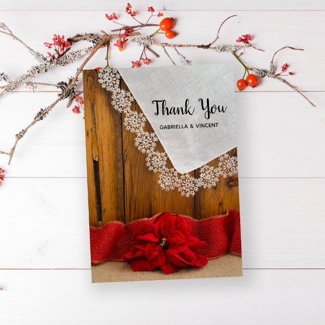 Rustic Poinsettia Winter Barn Bröllop Tack (Show your gratitude after your December celebration event with this festive thank you note.)