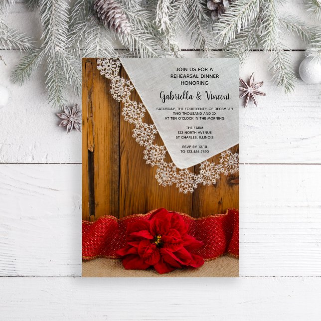 Rustic Poinsettia Winter Wedding Rehearsal Middag Inbjudningar (Set a rustic wintery tone for your pre wedding barn party dinner party.)