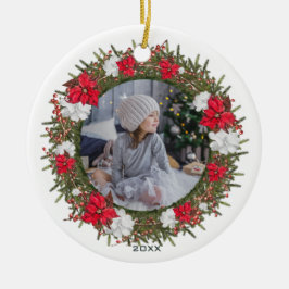 Rustic Poinsettia Woodland Utandning Foto med år Julgransprydnad Keramik