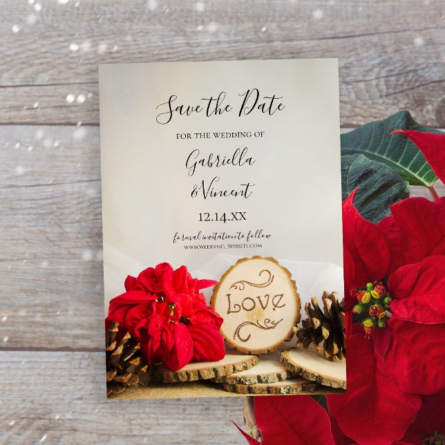 Rustic Poinsettia Woodland Winter Spara datumet (Perfect inspo for your rustic winter wedding ceremony and reception.)