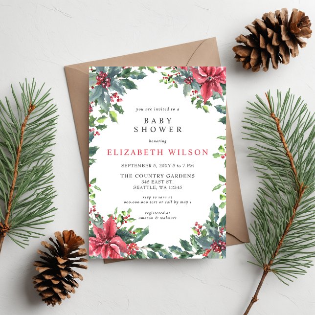 Rustic Poinsettias Holly Baby Shower Inbjudningar (Rustic Poinsettias Holly Christmas Baby Shower Invitation)
