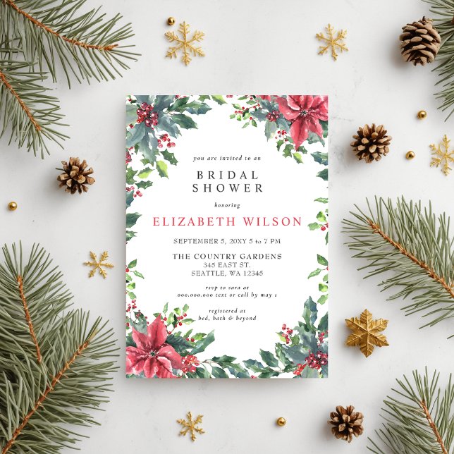 Rustic Poinsettias Holly-Möhippan Inbjudningar (Rustic Poinsettias Holly Christmas Bridal Shower Invitation)