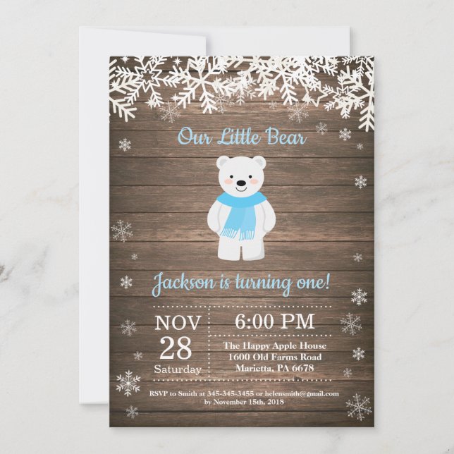 Rustic Polar Bear Winter Boy Birthday-inbjudan Inbjudningar (Framsida)