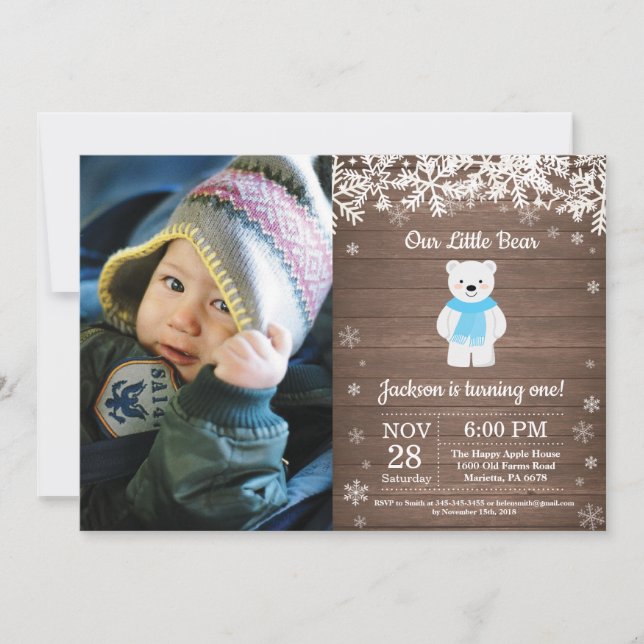 Rustic Polar Bear Winter Boy Birthday Photo Inbjudningar (Framsida)