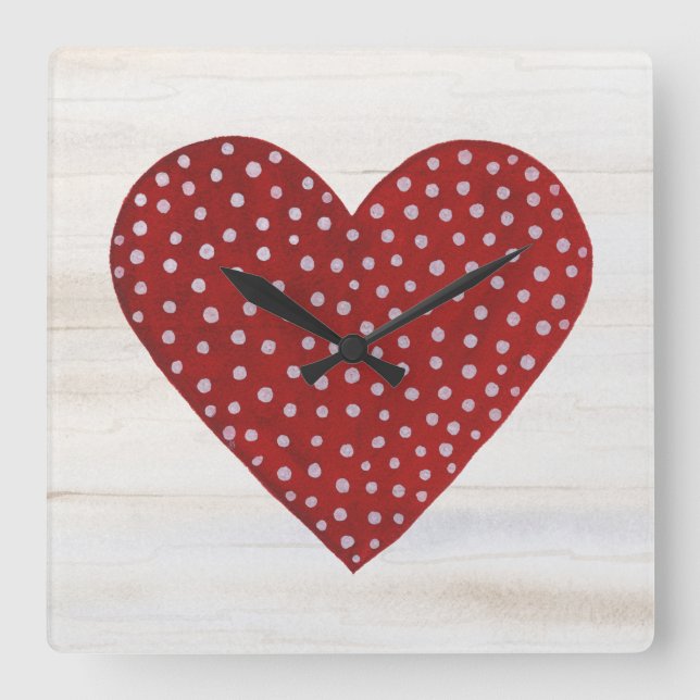 Rustic Polka Dot Valentine Heart Fyrkantig Klocka (Framsida)