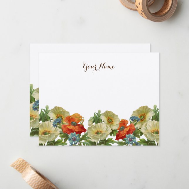 Rustic Poppies och Cornblommor Editable Anteckningskort (Fram/Back In Situ)