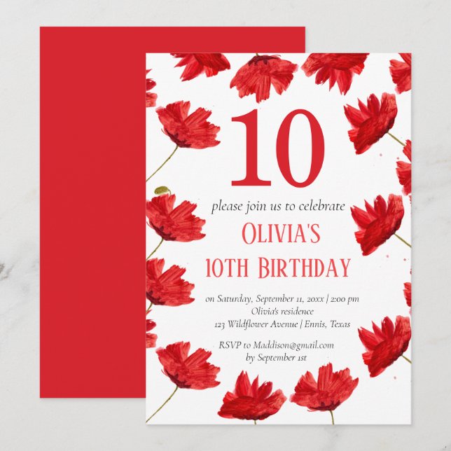 Rustic Poppy 10th Birthday Wildblomma Red Blommigt Inbjudningar (Fram/baksida)