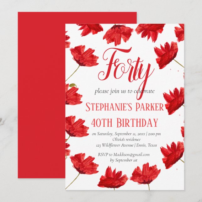 Rustic Poppy 40th Birthday Wildblomma Red Blommigt Inbjudningar (Fram/baksida)