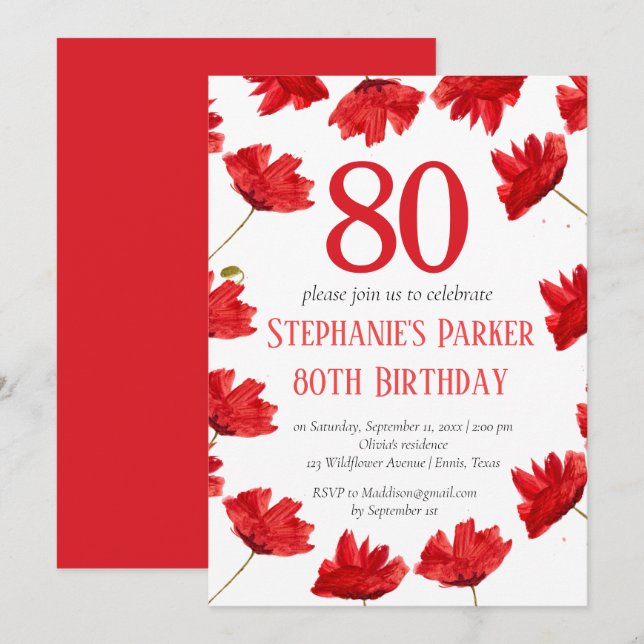 Rustic Poppy 80th Birthday Wildblomma Red Blommigt Inbjudningar (Fram/baksida)