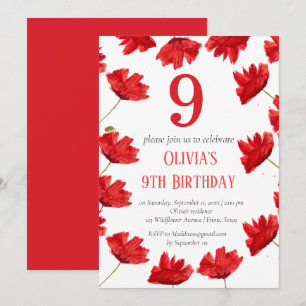 Rustic Poppy 9th Birthday Wildblomma Red Blommigt Inbjudningar
