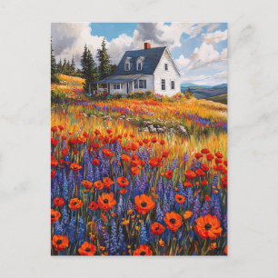 Rustic Poppy och Lupine Flower Fält Vykort