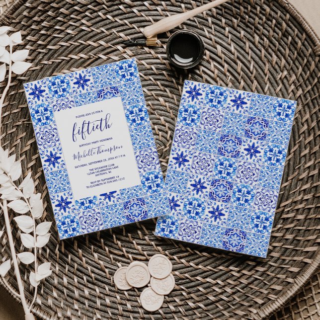 Rustic Portuguesa Tile Blue White 50 Birthday Inbjudningar (Skapare uppladdad)
