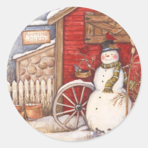 Rustic Potting Shed jul Snögubbe Runt Klistermärke