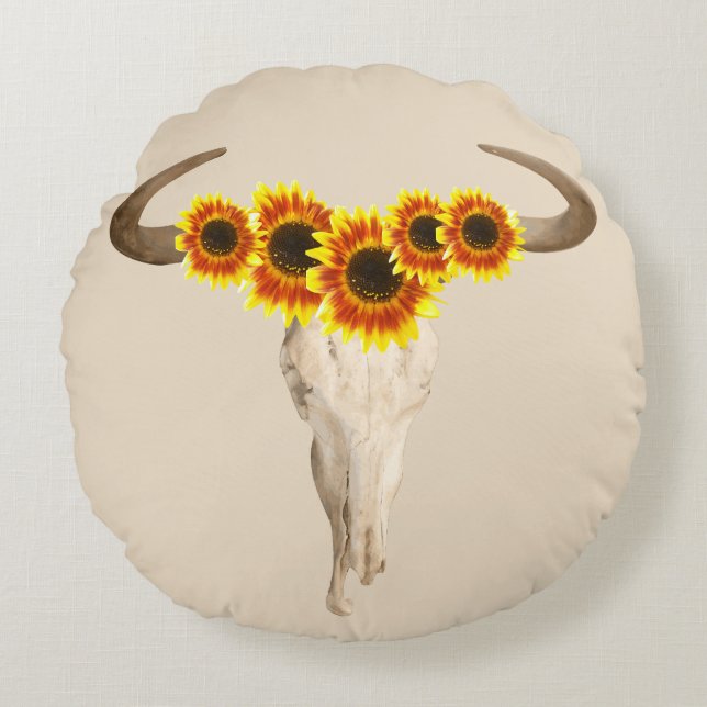 Rustic Prairie Cow Skull & Sunblommor Rund Kudde (Framsidan)