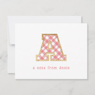 Rustic & Preppy "A" Rosa Gingham på Wood Girly Anteckningskort