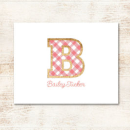 Rustic & Preppy "B" Rosa Gingham på Wood Girly Anteckningskort