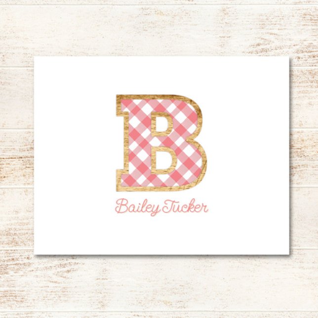 Rustic & Preppy "B" Rosa Gingham på Wood Girly Anteckningskort (Skapare uppladdad)