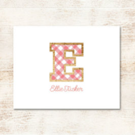 Rustic & Preppy "E" Rosa Gingham på Wood Girly Anteckningskort