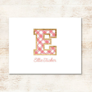 Rustic & Preppy "E" Rosa Gingham på Wood Girly Anteckningskort