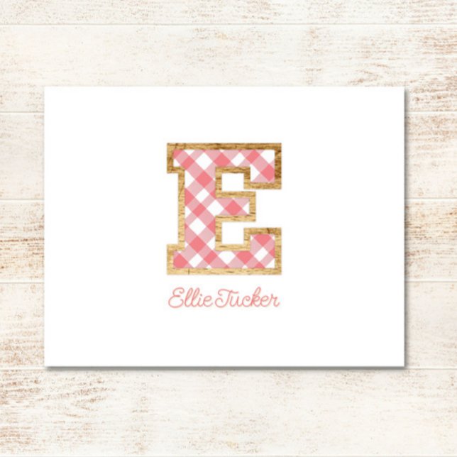 Rustic & Preppy "E" Rosa Gingham på Wood Girly Anteckningskort (Skapare uppladdad)
