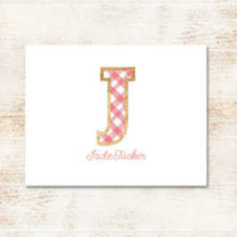 Rustic & Preppy "J" Rosa Gingham på Wood Girly Anteckningskort