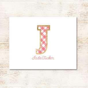 Rustic & Preppy "J" Rosa Gingham på Wood Girly Anteckningskort