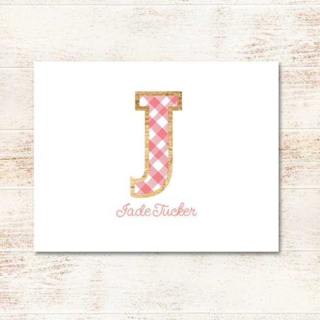 Rustic & Preppy "J" Rosa Gingham på Wood Girly Anteckningskort (Skapare uppladdad)