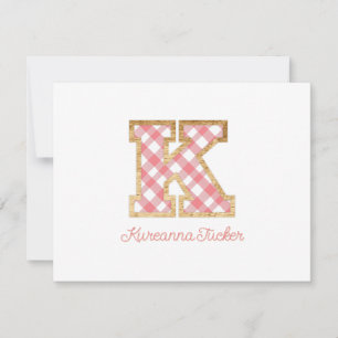 Rustic & Preppy "K" Rosa Gingham på Wood Girly Anteckningskort