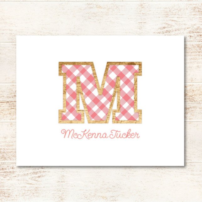 Rustic & Preppy "M" Rosa Gingham på Wood Girly Anteckningskort (Skapare uppladdad)