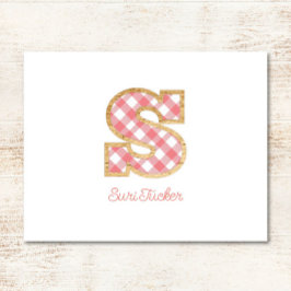 Rustic Preppy Monogram "S" Rosa Gingham Wood Girl Anteckningskort