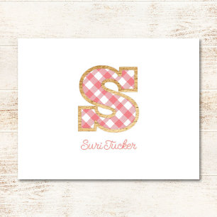 Rustic Preppy Monogram "S" Rosa Gingham Wood Girl Anteckningskort