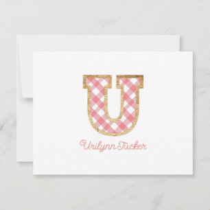 Rustic Preppy Monogram "U" Rosa Gingham Wood Girly Anteckningskort
