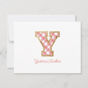 Rustic & Preppy "Y" Rosa Gingham på Wood Girly Anteckningskort
