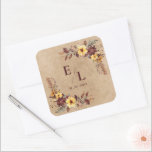 Rustic Pretty Autumn Fall Floral Monogram Wedding Fyrkantigt Klistermärke<br><div class="desc">Rustic Autumn Floral Monogram Wedding Sticker | Yellow & Burgundy . Add a personal touch to your fall wedding with this rustic floral monogram sticker featuring yellow and burgundy blooms on a kraft-inspired background. Perfect for sealing envelopes, decorating wedding favors, or enhancing your invitation suite. Customize with your initials and...</div>