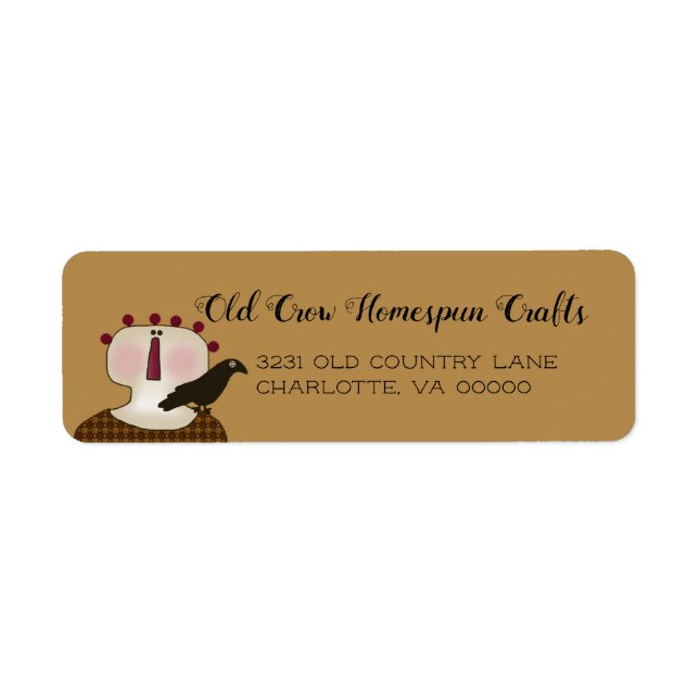 Rustic Primitive Land Doll Kråka Returadress Etikett (Framsidan)