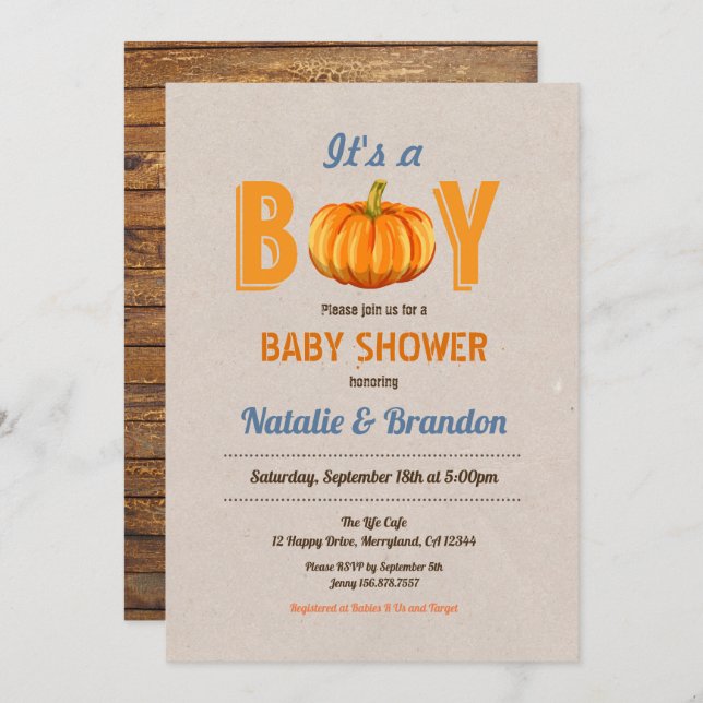 Rustic-pumpa.. Det är en inbjudan till barndusch. (Fram/baksida)