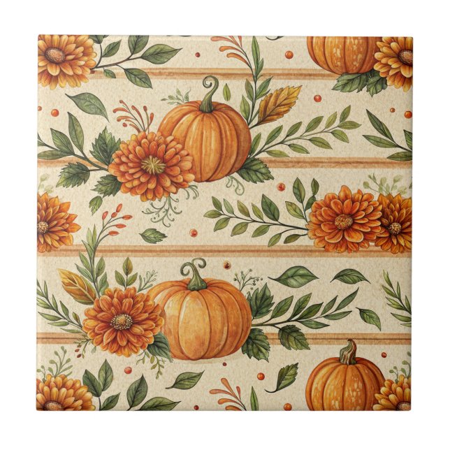 Rustic Pumpkin and Chrysanthemum Autumn Pattern Kakelplatta (Framsidan)