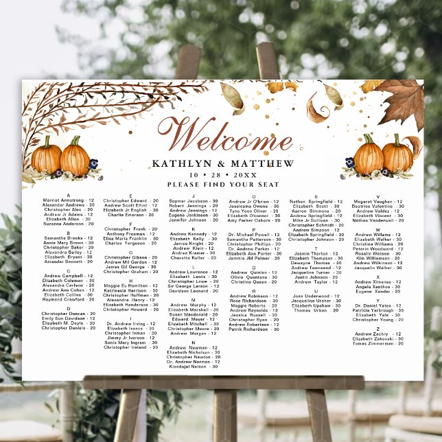 Rustic Pumpkin Autumn Bröllop Alfabetisk sittning Poster (Skapare uppladdad)